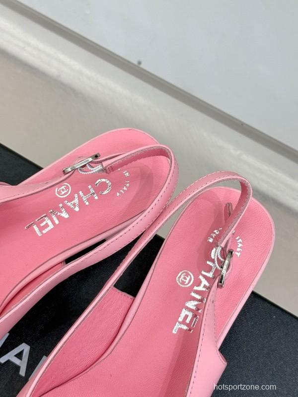 2025 Women Chanel Pink Black Leather Slingback Low Heel KFY00280