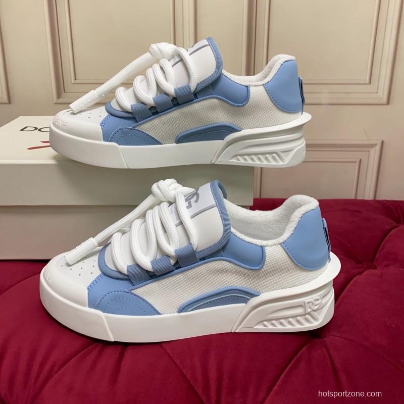 2025 Women Dolce & Gabbana White Blue Mesh Leather Sneakers