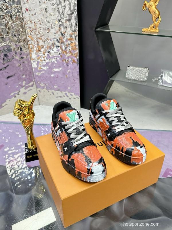 2024 Unisex Louis Vuitton Orange Black White Leather Denim Plimsolls Artist Hand-drawn MJ00780