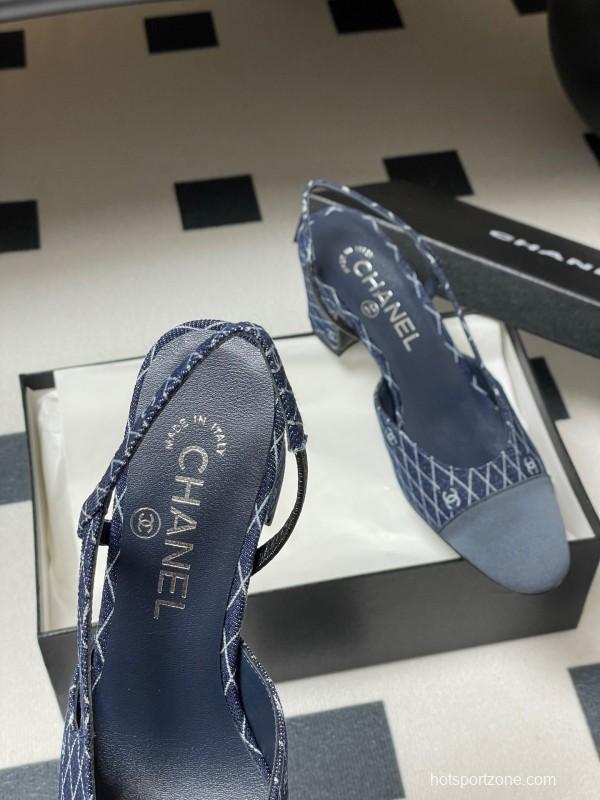 2025 Women Chanel Blue Denim Leather Sling-back Heels
