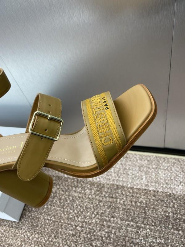 2025 Women Dior Yellow Leather Embroidered High Heel Sandals