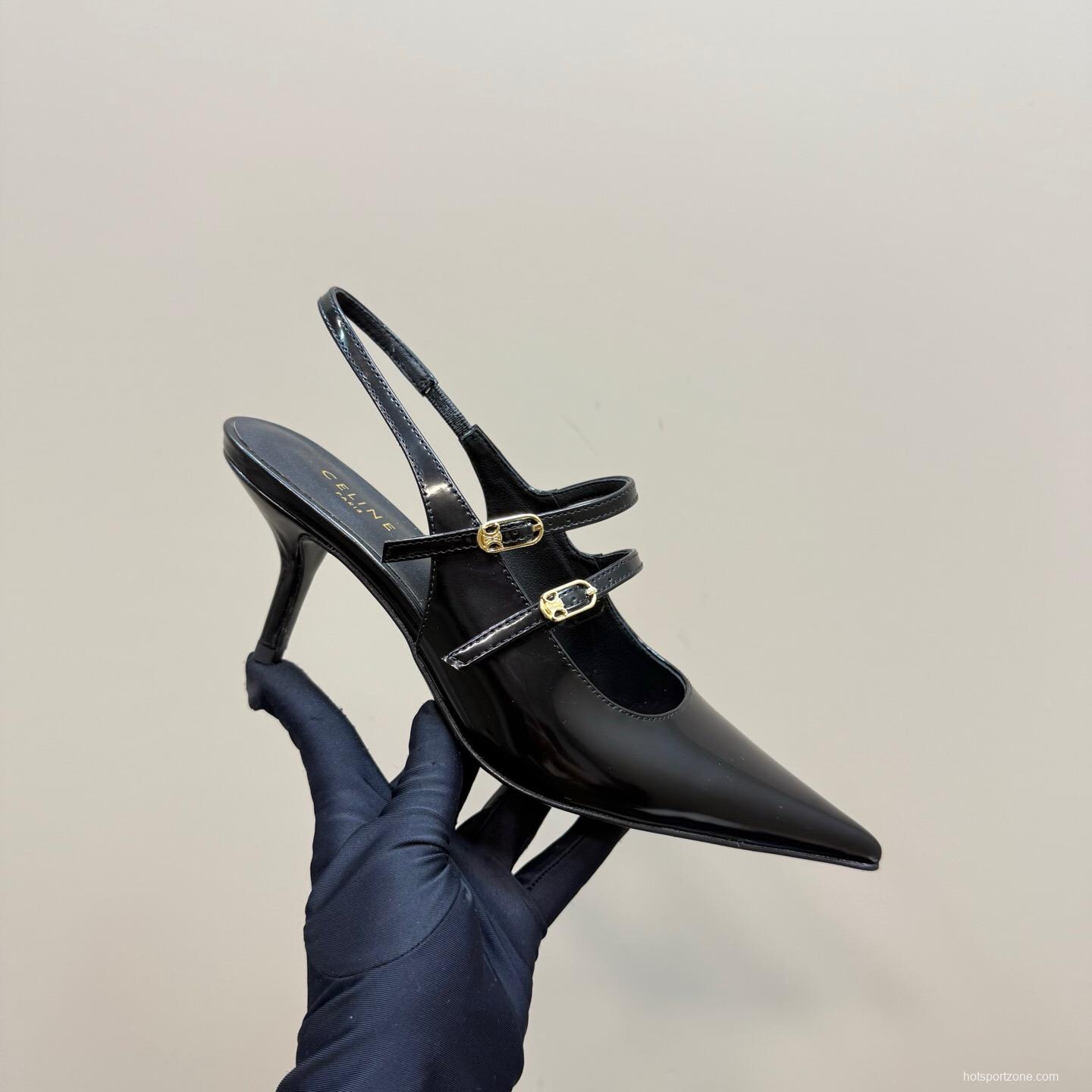 2025 Women CELINE Black Patent Leather Slingback Heels