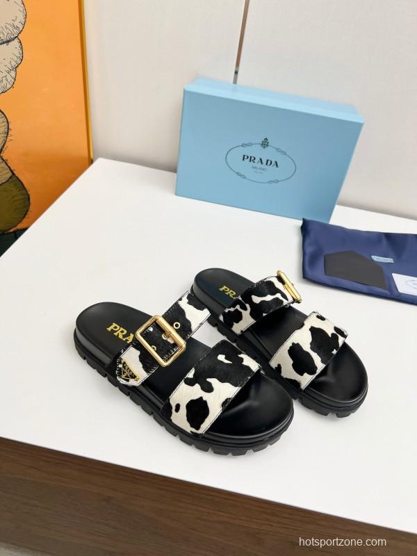 2025 Women Prada Black White Calf Hair Leather Sandals LY00260