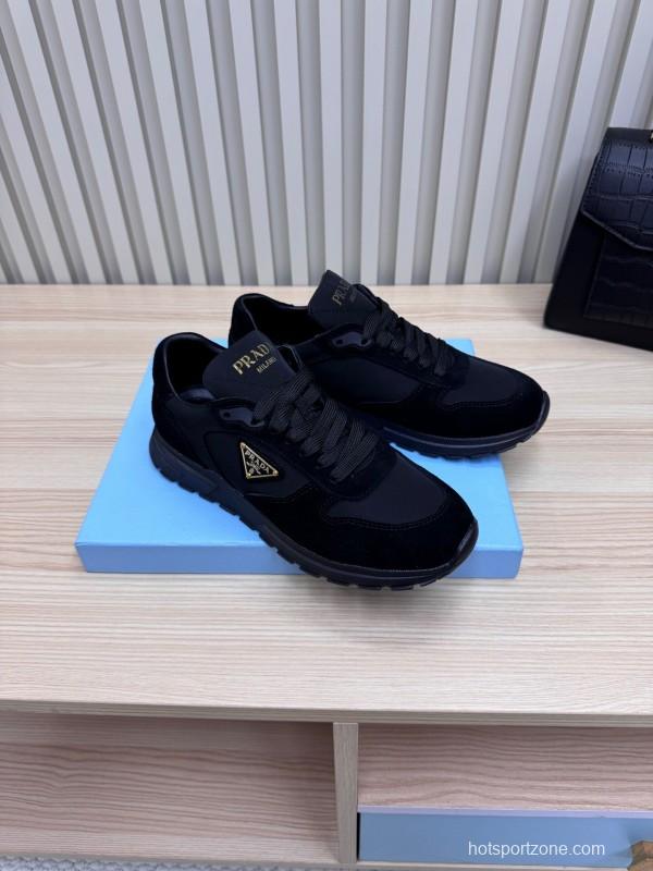 2025 Women Prada Black Suede Nylon Sneakers LY00300