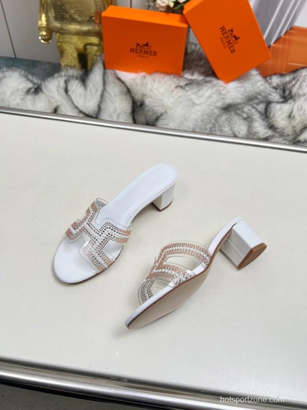 2025 Hermès White Leather Slippers H Pattern MJ00180