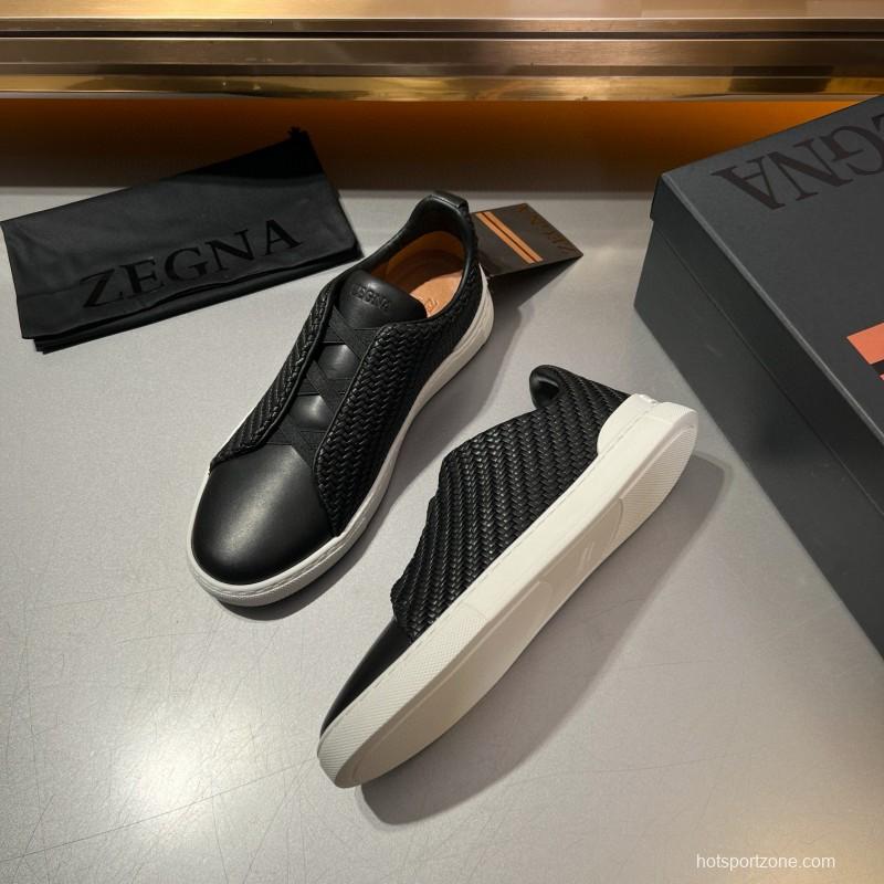 2024 Men Ermenegildo Zegna Black Smooth Calfskin Pelletessuta Sneakers Elastic Detail MJ00280