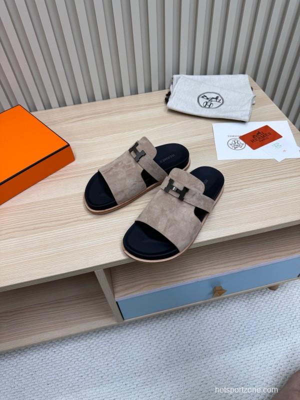 2025 Slippers Hermès Sand Beige Suede Double Strap