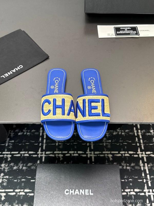 2025 Women CHANEL Blue Beige Canvas Slippers