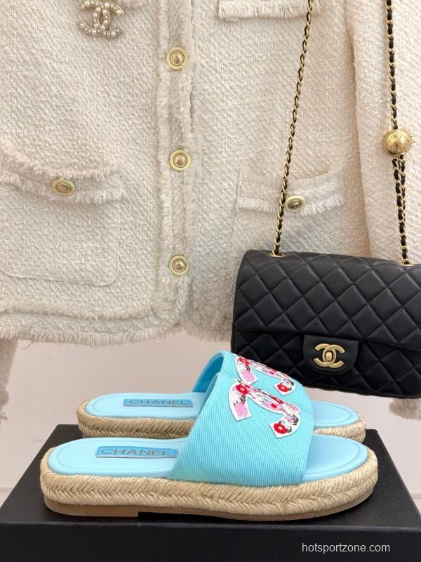 2025 Slippers Chanel Light Blue Fabric Women Embroidered Floral CC Logo KFY00230