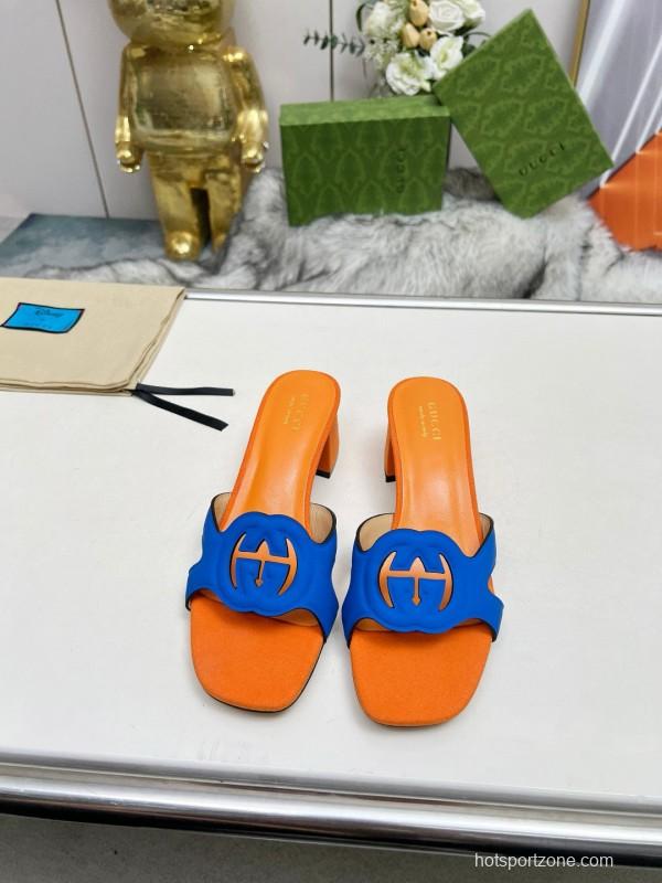 2025 Gucci Orange Blue Leather Slippers