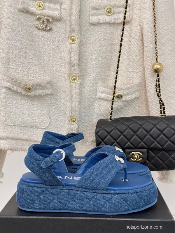 2025 Women Chanel Blue Denim Leather Platform Sandals KFY00260