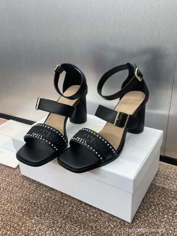 2025 Women Dior Black Leather Sandals Studded KFY00320