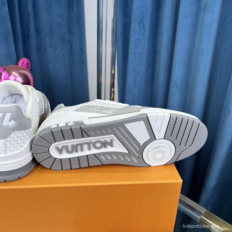2025 Unisex Louis Vuitton White Grey Leather Fabric LV Trainer