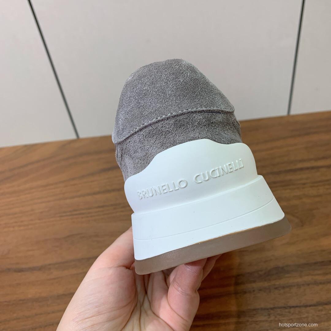 2025 Unisex Brunello Cucinelli Grey White Suede Mesh Leather Sneakers Handcrafted Beaded Chain KFY00310