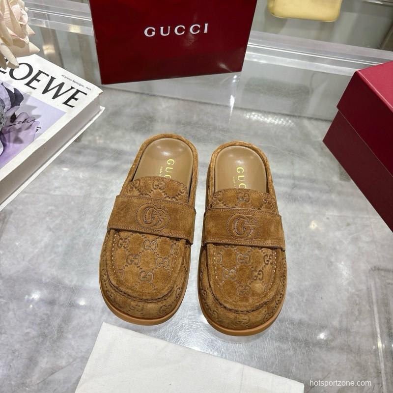 2025 Women Gucci Dark Brown Suede Loafers Embossed GG LY00270
