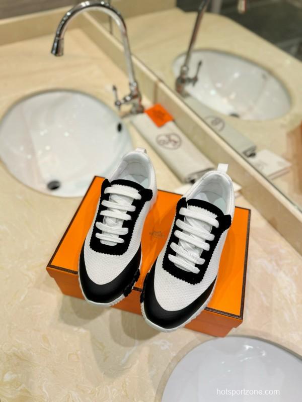 2024 Unisex Hermès Black White Silk Leather Mesh Sneakers MJ00320