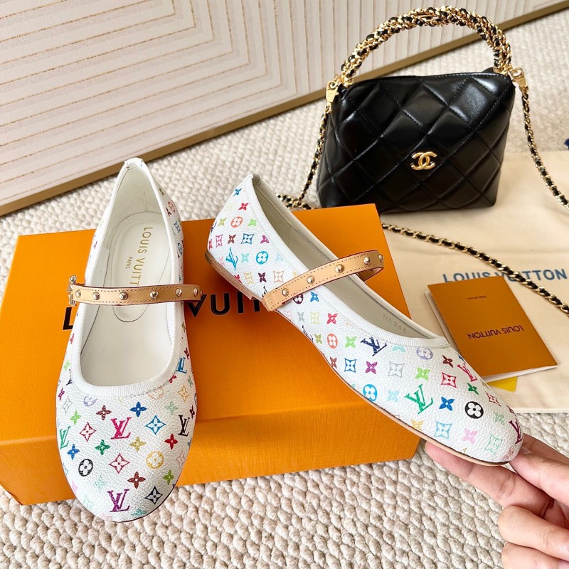 2025 Women Louis Vuitton White Multicolor Leather Ballet Flat