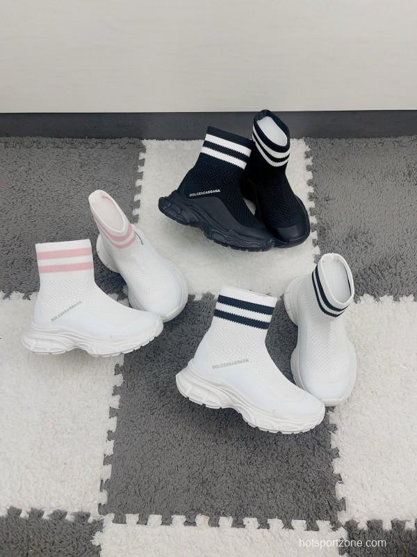 2024 Kids Dolce & Gabbana White Pink Black Knit Fabric Sneaker