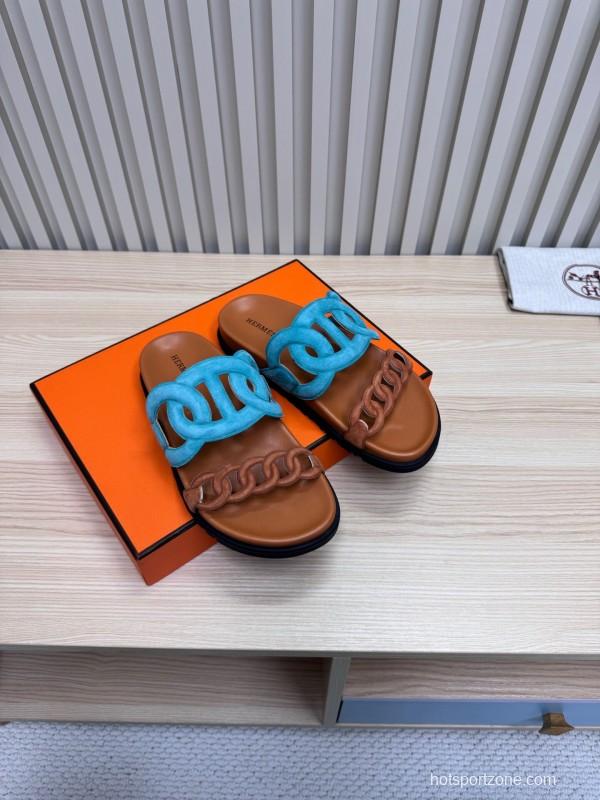 2025 Slippers Hermès Blue Brown Leather Slippers