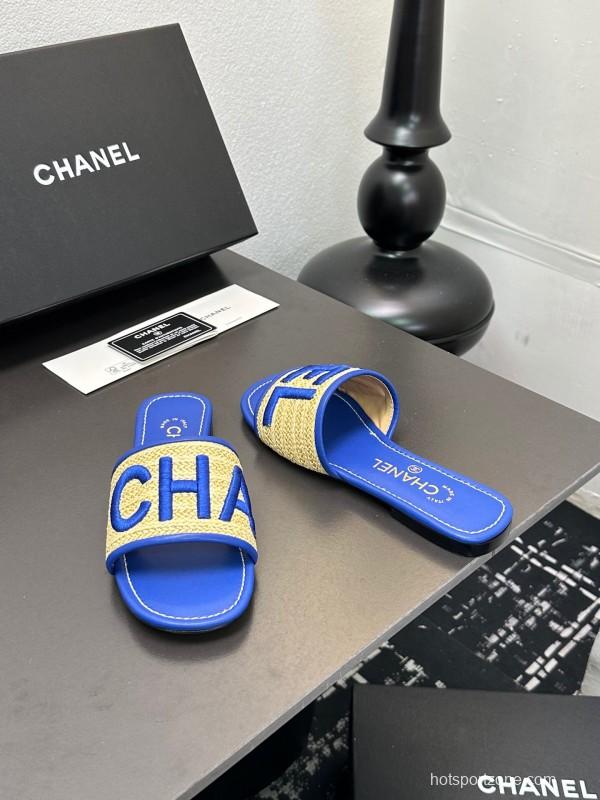 2025 Women CHANEL Blue Beige Canvas Slippers