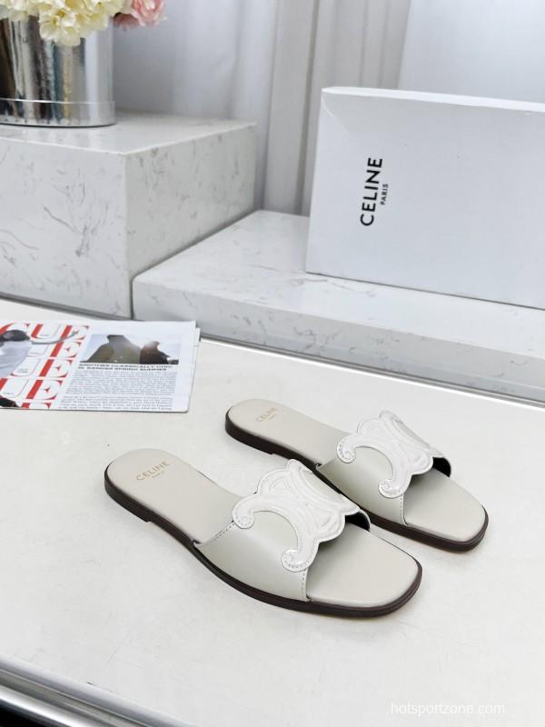 2025 Women Celine White Leather Slippers