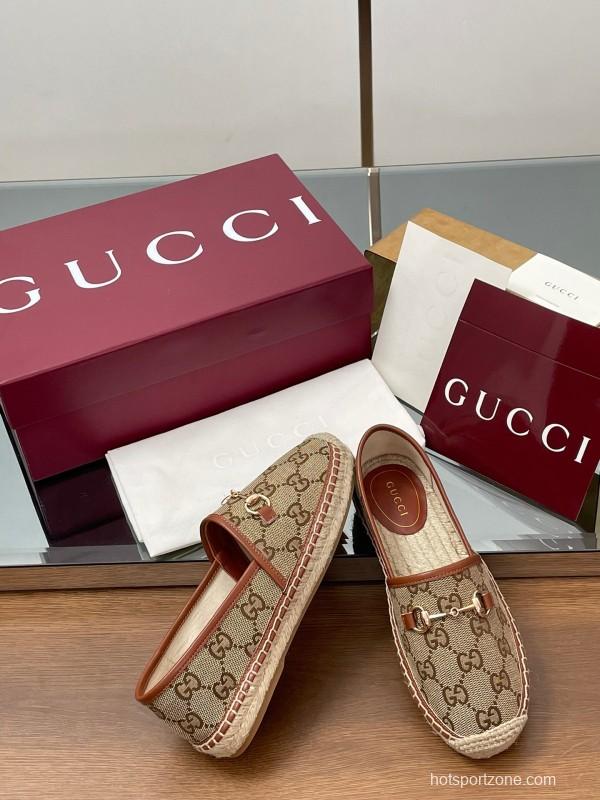 2025 Women Gucci Brown Canvas Leather Loafers Horsebit LY00200