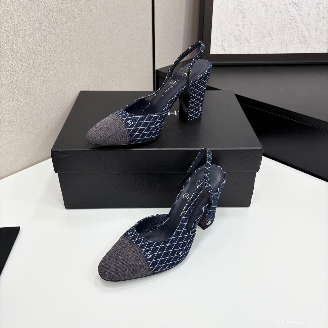 2025 Women Chanel Blue Denim Fabric Slingback Shoes