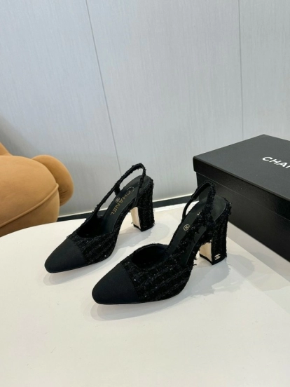 2025 Women Chanel Black Fabric Leather Slingback Heels