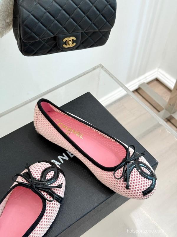 2025 Women Chanel Pink Black Mesh Ballet Flats KFY00260