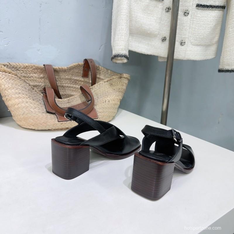 2025 Women Lemaire Black Leather Block Heel Sandals