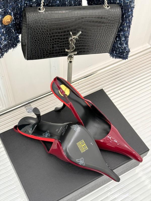2025 Women Yves Saint Laurent Burgundy Patent Leather Slingback Heels