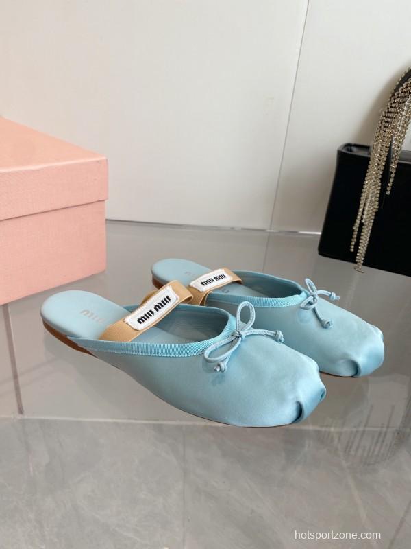 2025 Women Miu Miu Light Blue Satin Slip-On Ballet Flats KFY00280
