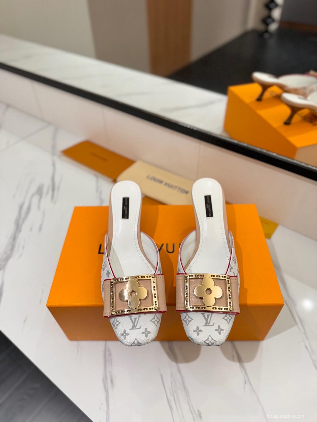 2025 Women Louis Vuitton White Beige Canvas Mules KFY00320