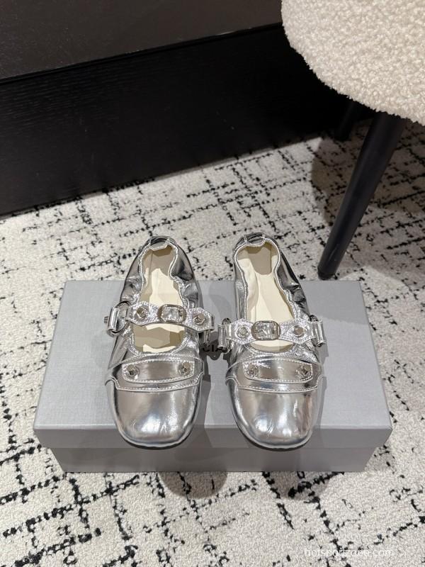 2025 Women BALENCIAGA Silver Leather Ballet Flats Metal Buckle KFY00300