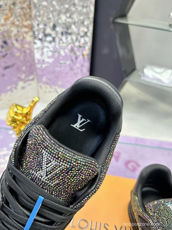 2025 Unisex Louis Vuitton Black Handmade Rhinestone Leather Fabric Plimsolls LV Trainer AS00400