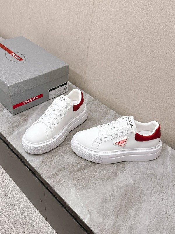 2025 Unisex Prada White Red Calf Leather Sneakers KFY00290