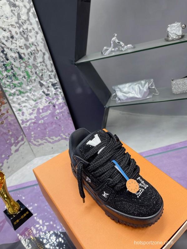 2025 Women Louis Vuitton Black Crystal Trainer Leather Plimsolls Bing Bing AS00420