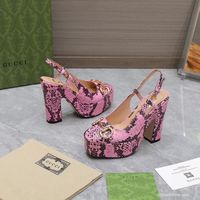 2025 Women Gucci Pink Black Leather Platform High Heels KFY00320