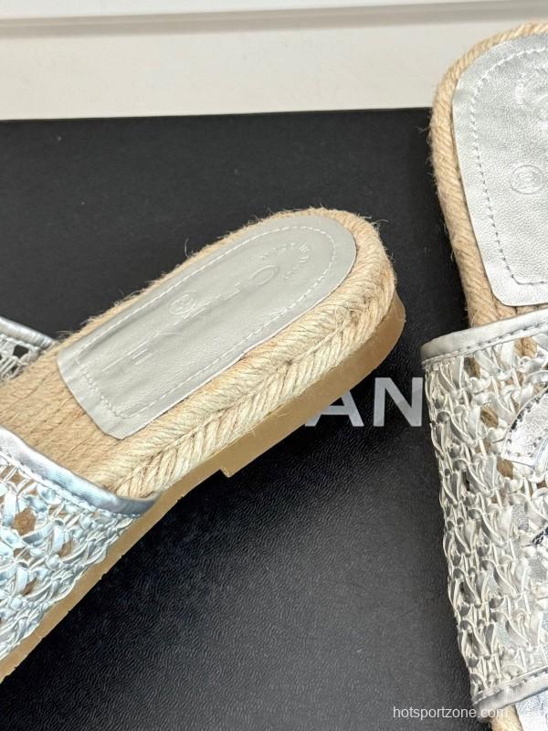 2025 Women Chanel Silver Leather Woven Fisherman Slippers KFY00240