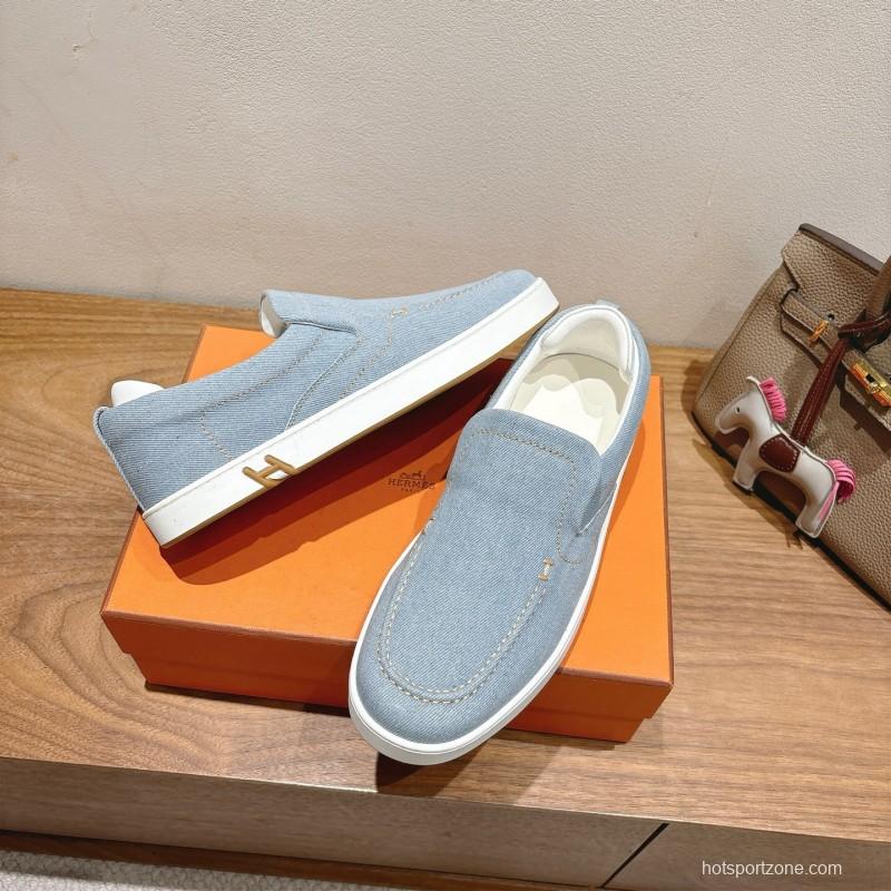 2025 Unisex Hermès Light Blue Canvas Leather Loafers AS00380