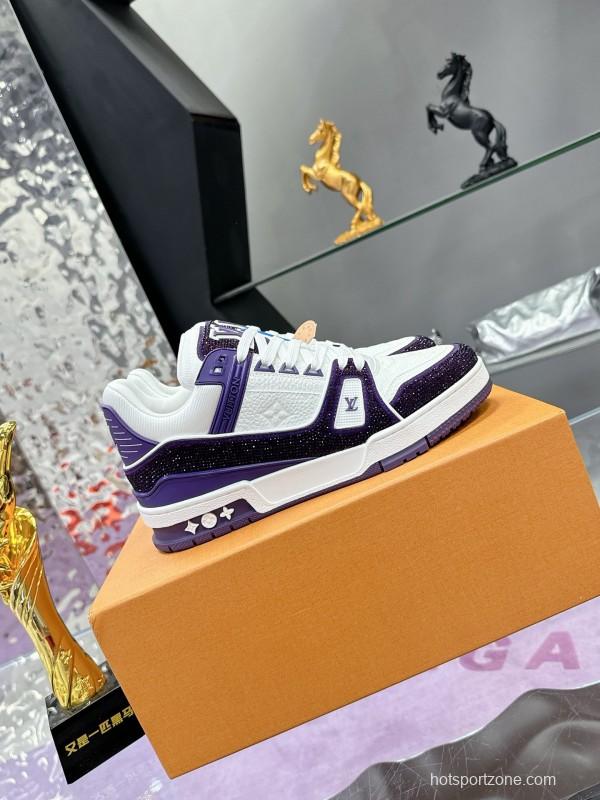 2025 Unisex Louis Vuitton White Purple Leather Denim Plimsolls Handmade Beaded AS00400