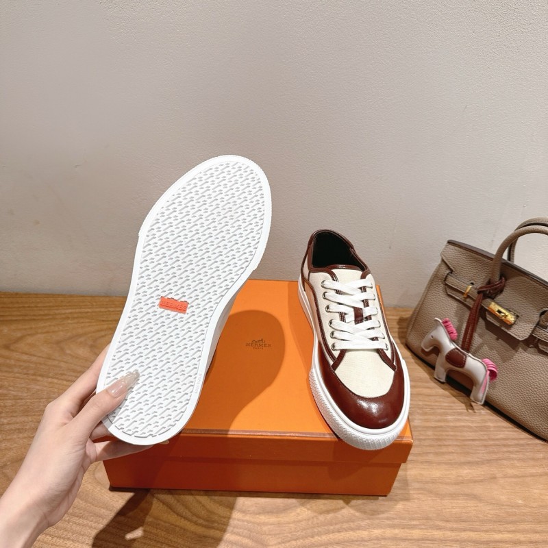 2025 Unisex Hermes Brown White Fabric Leather Sneakers AS00380