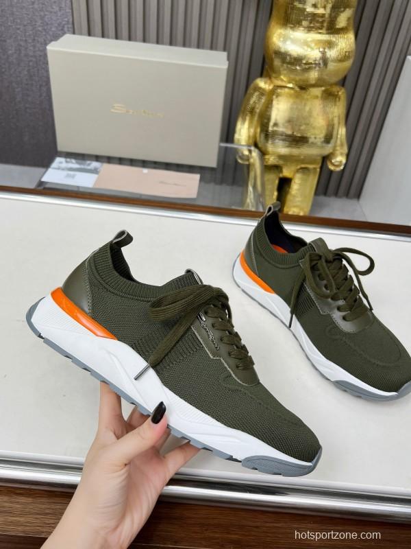 2025 Unisex Santoni Military Green Orange Wool Blend Knit Sneakers AS00320