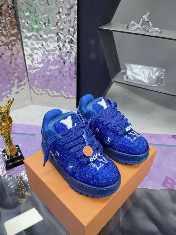 2025 Women Louis Vuitton Blue Crystal Trainer Original Custom Bing Bing Luxury Crystal Rhinestone High Temperature Hot Pressing TPU Sole AS00420