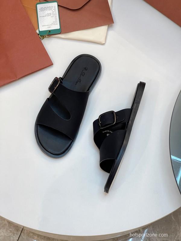 2025 Men Loro Piana Black Leather Slippers Buckle AS00250