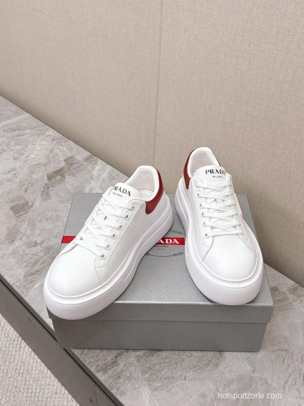 2025 Unisex Prada White Red Calf Leather Sneakers KFY00290