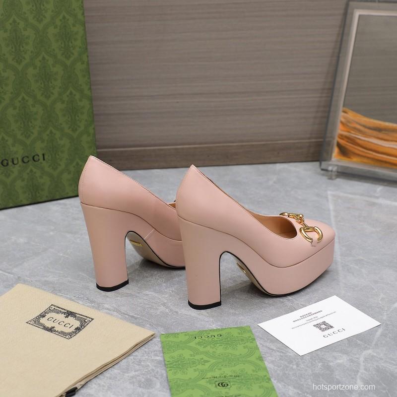 2025 Women Gucci Pink Leather Platform Pumps KFY00320