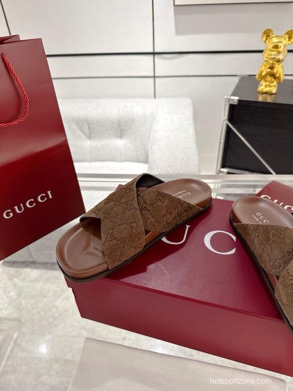 2025 Women Gucci Brown Suede Slippers GG Embossed AS00240