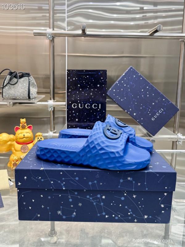 2025 Men Gucci Blue Rubber Slippers Interlocking G KFY00170