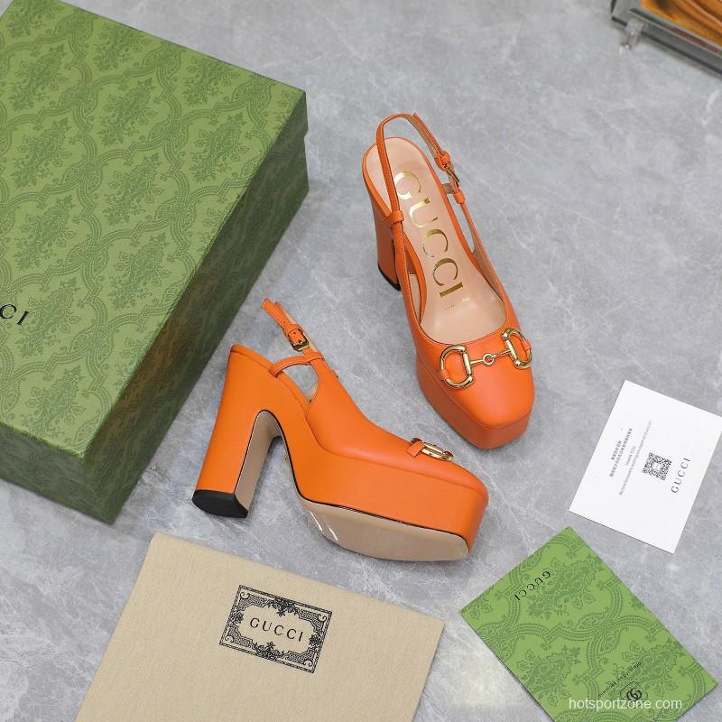2025 Women Gucci Orange Leather Platform High Heels KFY00320